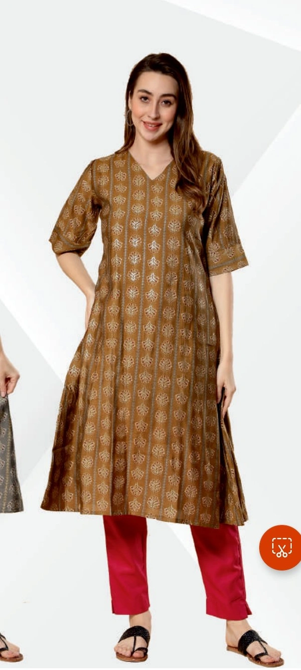 #FBRK0124 FABCLUB  MODEL SILK GOLD PRINTED ALINE KURTA  FOR WOMEN  124 - Mustard yellow, M