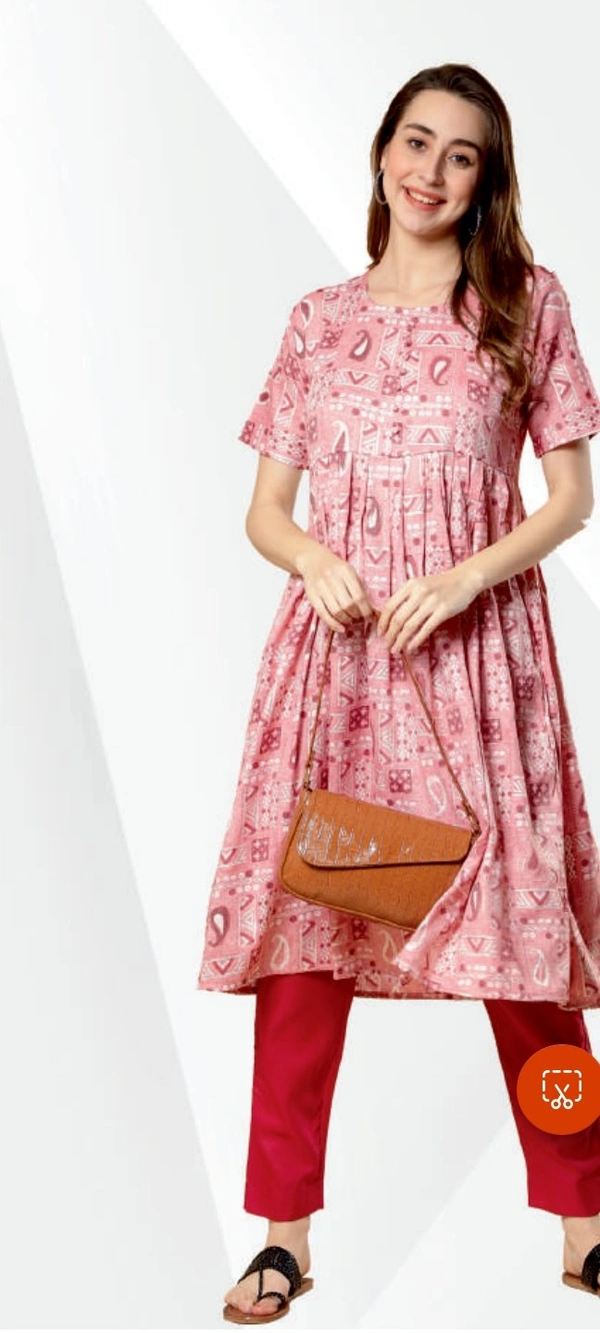 #FBKR0125 FABCLUB  RAYON  CAPSUIE GOLD  PRINTED ANARKALI KURTI  FOR WOMEN  - Light pink, M