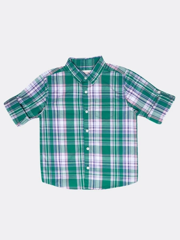 #B14996C MANET MANET bOYS WOVEN LONG SLEEVE SHIRT 96C - GREEN CHECKS, 6Y/7Y