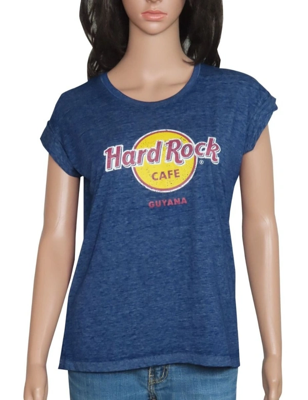 #W12083A HARD ROCK CAFE LADIES BURNOUT T SHIRT 83A - Navy Blue, M