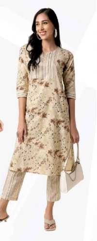 #FBSET002 Alka Cotton Blend Floral Printed Straight Kurta 002 - Light Beige, S