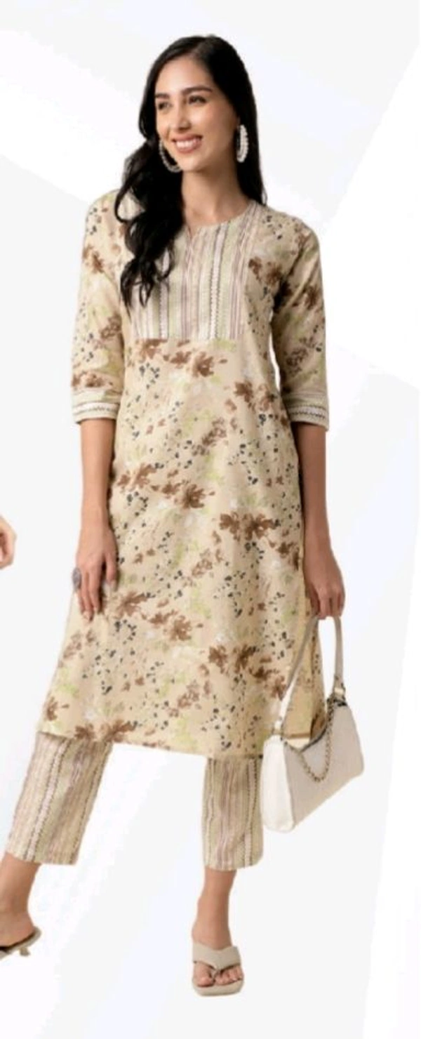#FBSET002 Alka Cotton Blend Floral Printed Straight Kurta 002 - Light Beige, S