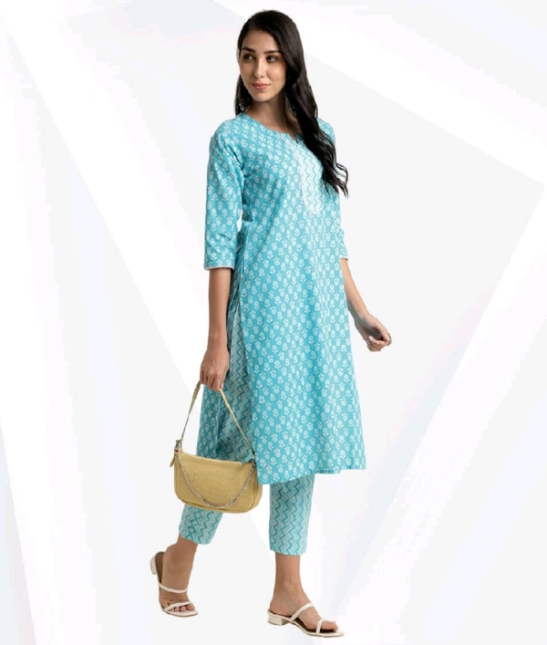 #FBSET003 viral attire  Cotton Floral Printed Straight Kurta  - Blue, 2XL