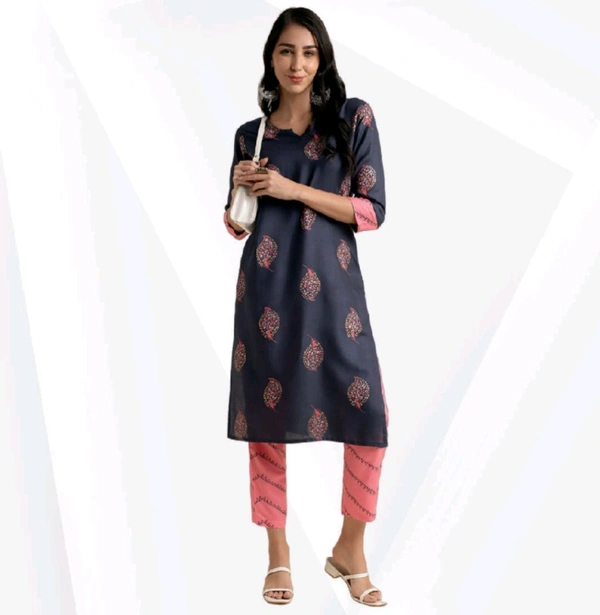 #FBSET005 viral attire Rayon Foil Boota Printed Straight Kurta  - Navy Blue, 2XL