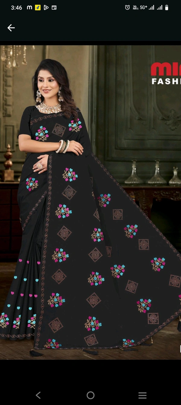 #minu Diamond Rose Embroidery Saree 253 - Black, 5.5