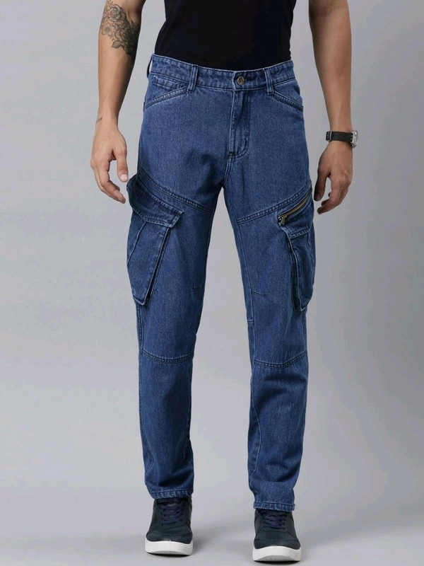 MENS DENIM  Navy cargo Jeans 6B1 - Navy Blue, 34