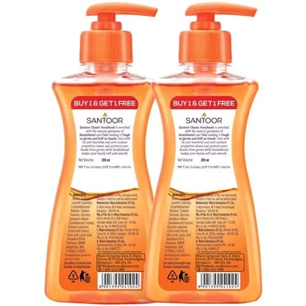 SANTOOR Gentle Hand Wash Classic.. Buy 1 Get 1 Free - 200+200=400ml