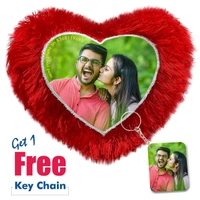  Fur Red Pillow/Cushion for Valentine Day and Personalized Gifts (Fur Heart Shape Cushion with Free 1 Key Chain) - Red