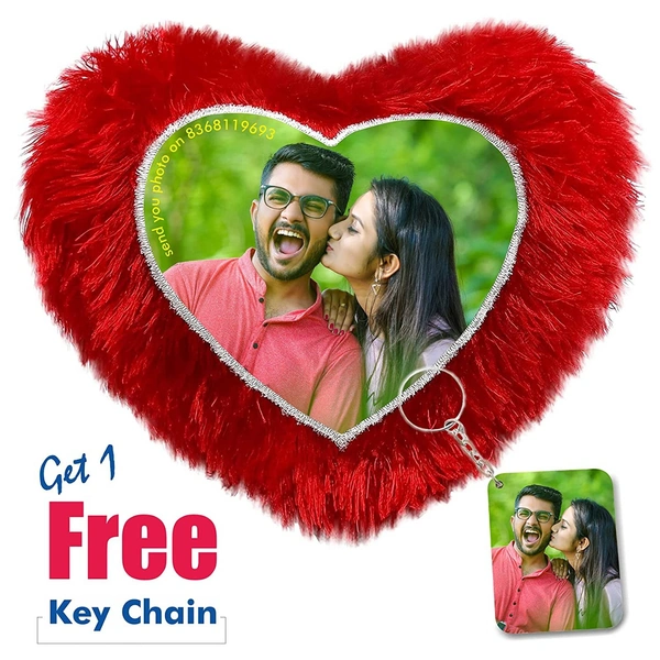  Fur Red Pillow/Cushion for Valentine Day and Personalized Gifts (Fur Heart Shape Cushion with Free 1 Key Chain) - Red
