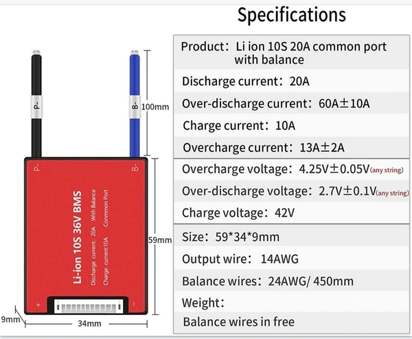 10s 36v 20amp Lithium ion BMS 