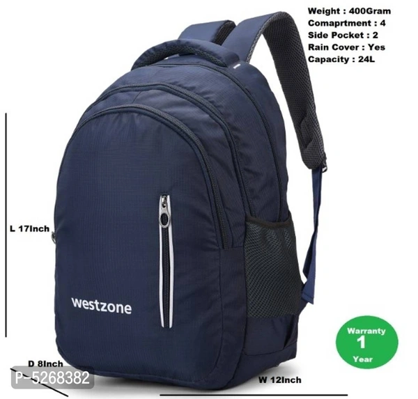 24L Westzone Waterproof Backpack With Rain Cover  - Newy Blue