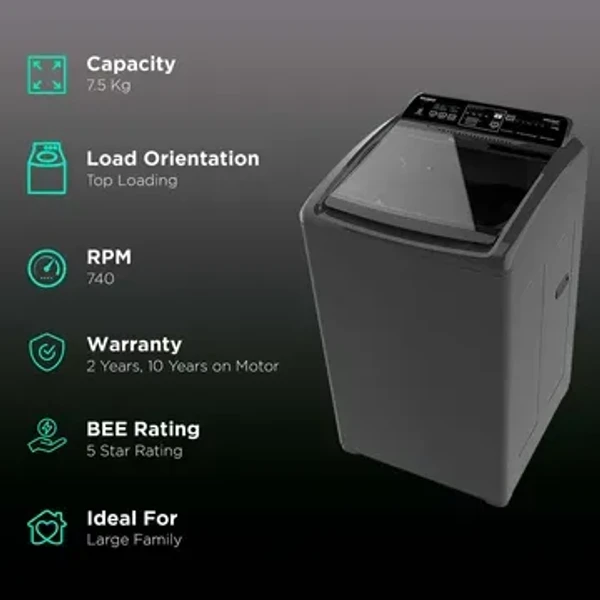 WHIRLPOOL Whirlpool 7.5 kg 5 Star Fully Automatic Top Load Washing Machine (Whitemagic Elite, 31370, Lint Filter, Grey)