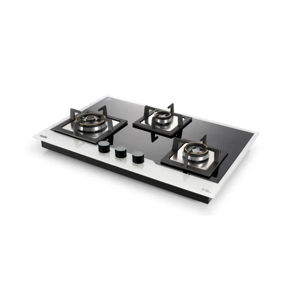 Glen 3 Burner Glass Hob Top Triple Ring Burner Double Ring Forged Brass Burners Auto Ignition (1073 XL SQ HT DB TR BW77)