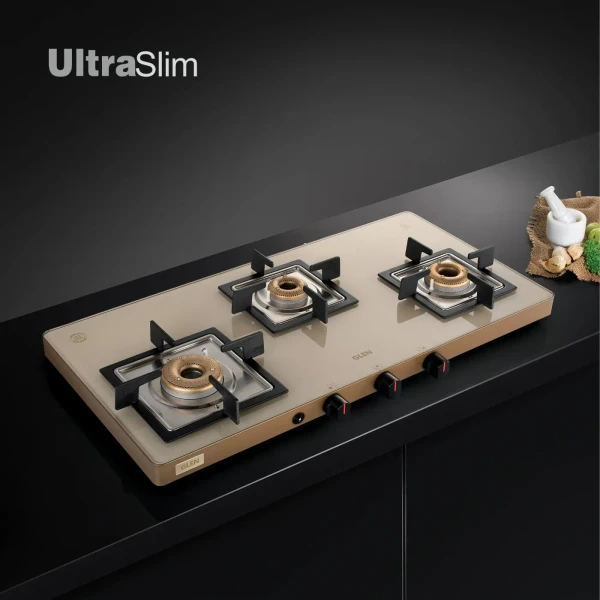 Glen 3 Burner Ultra Slim Apricot Glass Gas Stove with High Flame Forged Brass Burner - Manual / Auto Ignition (1035 US)