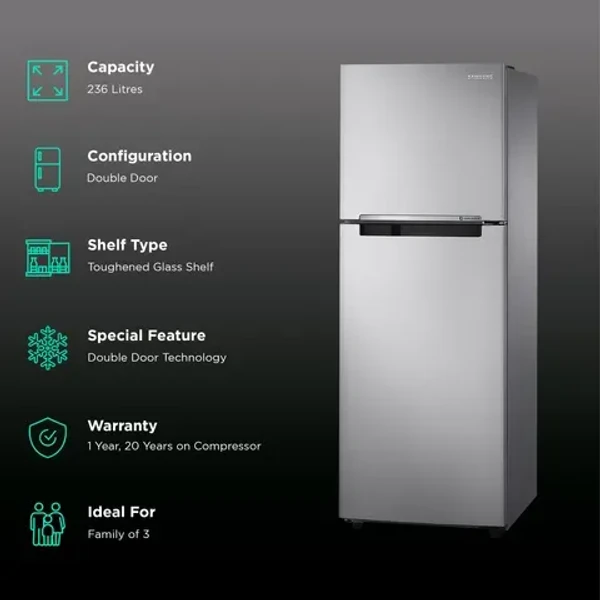 SAMSUNG 236 Litres 2 Star Frost Free Double Door Refrigerator with Digital Inverter Technology (RT28C3032GS/HL, Gray Silver) - 236