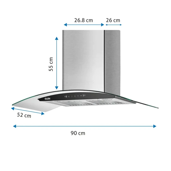 Glen Auto Clean Chimney Curved Glass Baffle Filters with Motion Sensor 60/90cm 1200 m³/h - Silver (6063 SS)