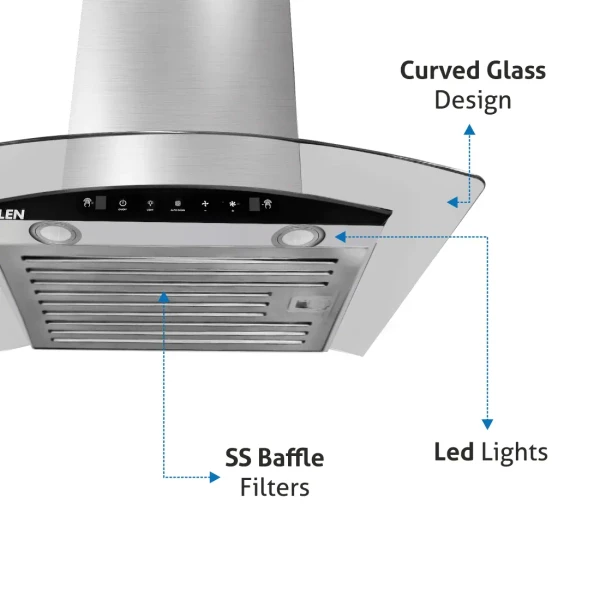 Glen Auto Clean Chimney Curved Glass Baffle Filters with Motion Sensor 60/90cm 1200 m³/h - Silver (6063 SS)