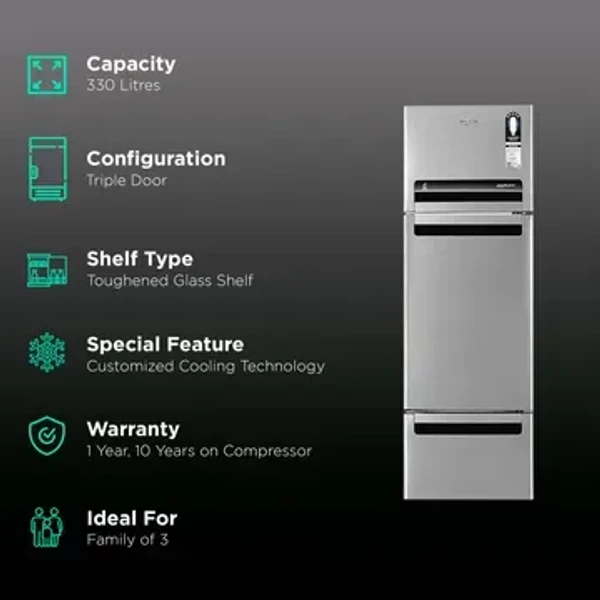 WHIRLPOOL Whirlpool FP 343D Protton Roy 330 Litres Frost Free Triple Door Refrigerator with 6th Sense ActiveFresh Technology (20817, Alpha Steel)