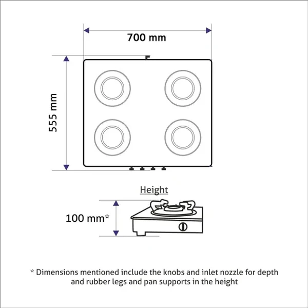 GLEN 4 Burner Ultra Slim Mirror Glass Gas Stove 1 High Flame 3 Forged Brass Burner - Manual / Auto Ignition (1047 US MI)