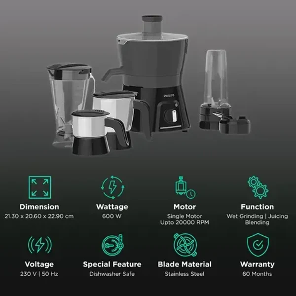 PHILIPS Viva Collection 600 Watt 4 Jars Juicer Mixer Grinder (20000 RPM, Overload Protection, Carbon Black & Cashmere Grey)