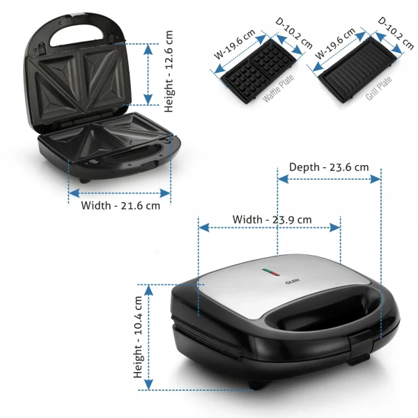 Glen Electric Multi Snack Maker with 3 sets of Sandwich, Grill & Waffle Non-Stick Plates, 750w - Black (3022 MSM) - Black