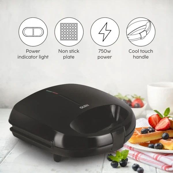 Glen Electric Waffle Maker with Non-Stick Coating Plates, 750W - Black (3024WMBL) - Black