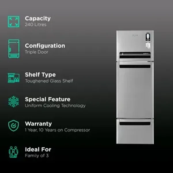 WHIRLPOOL Whirlpool FP 263D Protton Roy 240 Litres Frost Free Triple Door Refrigerator with 6th Sense ActiveFresh Technology (20807, Alpha Steel)