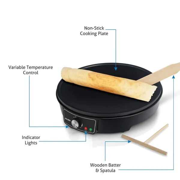 Glen Electric Dosa Maker makes Crepe, Chilla 30CM Non-Stick Cooking Plate, Temperature Control - Black (3038) - Black