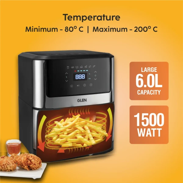 Glen Air Fryer, 6.0 Litre Digital Controls, 7 Pre Set Menu Timer, Temperature Control, 1500W -Black & Silver (3043 DSS) - Black & Silver