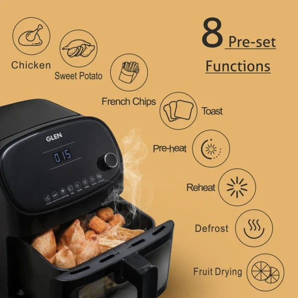 Glen Air Fryer, 5.5 Litre Digital Controls, 8 Pre Set Menu Timer, Temperature Control, 1350W -Black (3047 BL)