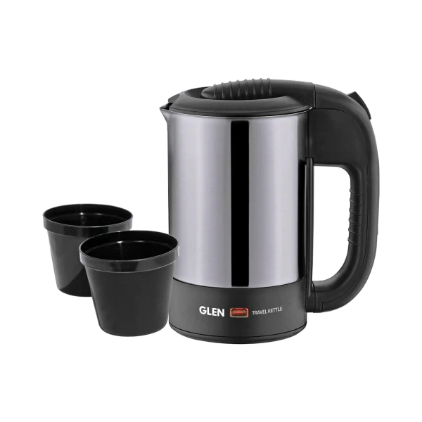 GLEN Electric Travel Kettle 0.5 Litre Stainless Steel 2 Plastic cups, Auto Shut-off 1000 W -Silver and Black (9013)