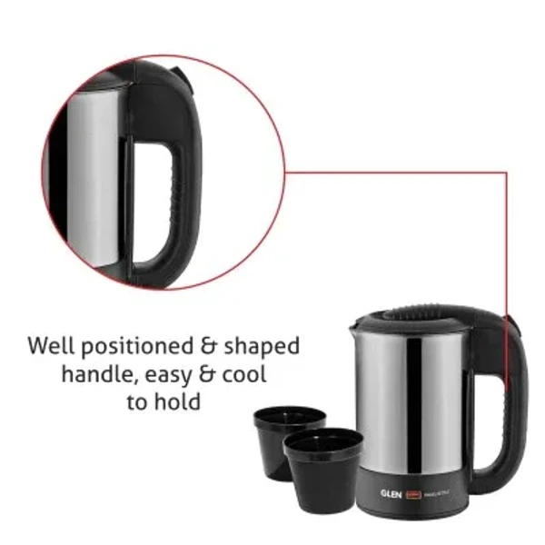 GLEN Electric Travel Kettle 0.5 Litre Stainless Steel 2 Plastic cups, Auto Shut-off 1000 W -Silver and Black (9013)