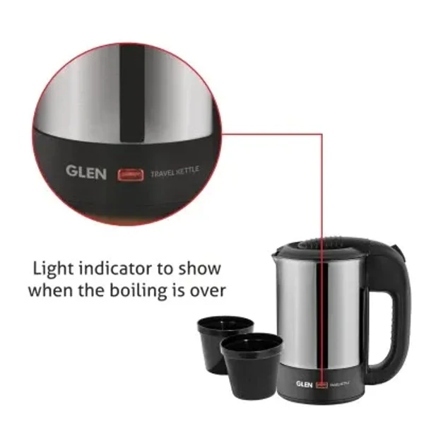 GLEN Electric Travel Kettle 0.5 Litre Stainless Steel 2 Plastic cups, Auto Shut-off 1000 W -Silver and Black (9013)