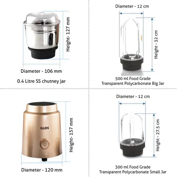 GLEN Active-Blender Grinder, 350W, 20000 RPM Mixer, Grinder, Blender, 1 SS Grinder Jar, 2 Jars - Gold (4048 BG CG)