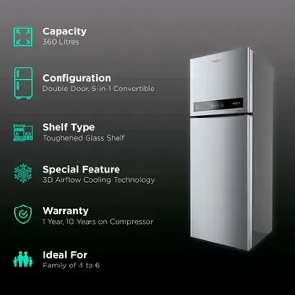 WHIRLPOOL Whirlpool Intellifresh 360 Litres 3 Star Frost Free Double Door Convertible Refrigerator with AI Technology (IF INV CNV 375 COO, Cool Illusia)