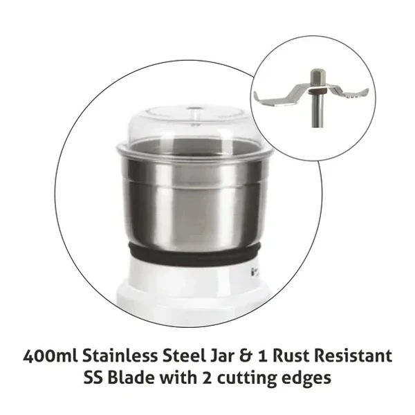 GLEN Glen Electric Mini Grinder, 50gm SS Jar for Dry and Wet Grinding 350W - White (4045 NG)