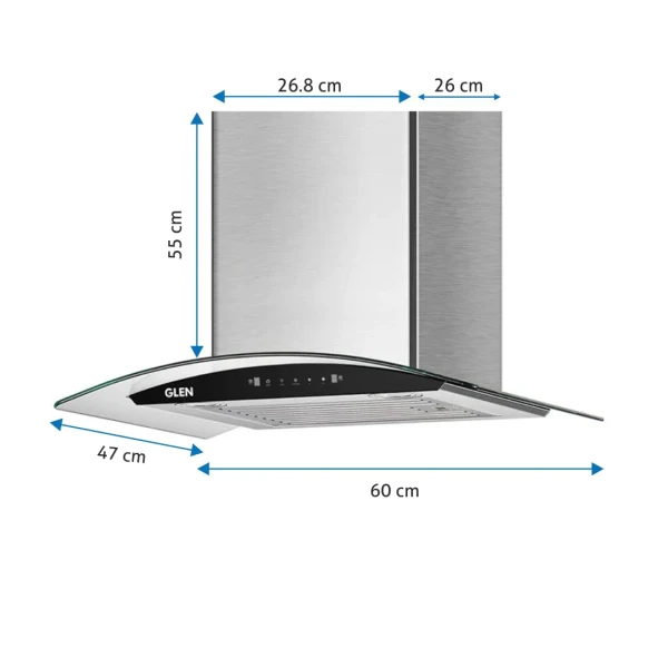 Glen Auto Clean Chimney Curved Glass Baffle Filters with Motion Sensor 60/90cm 1200 m³/h - Silver (6063 SS)