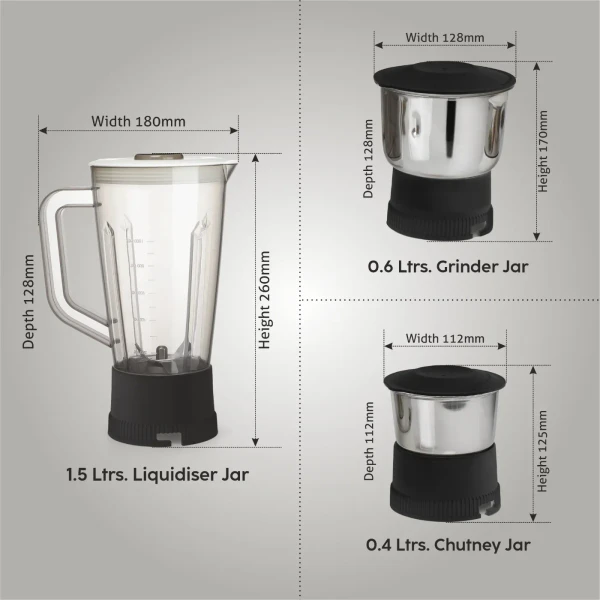 Glen 3-in-1 Juicer Mixer Grinder 600W with 1 Transparent Liquidiser, 2 Stainless Steel Grinder Jars - Black (SA4014JAR3)