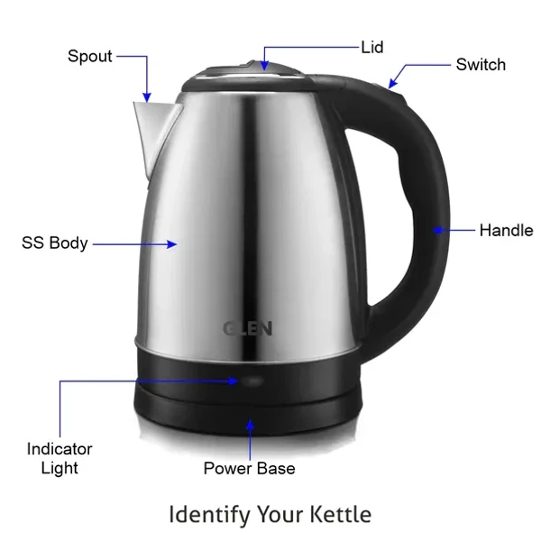 GLEN Electric Kettle 1.8 Litre Stainless Steel with 360?? Rotational Base, 1500 W - Silver (9002)