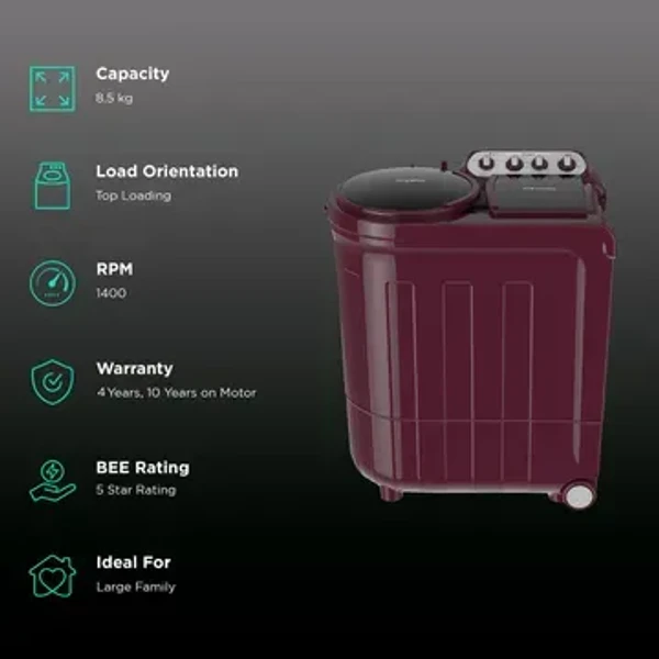 WHIRLPOOL Whirlpool 8.5 kg 5 Star Semi Automatic Washing Machine with Soak Technology (Ace Turbo Dry, 30309, Wine Dazzle)