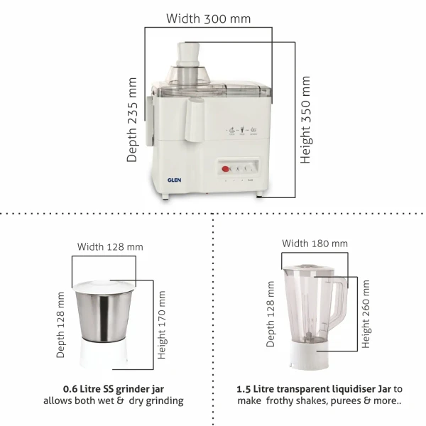 GLEN 3-in-1 Juicer Mixer Grinder 500W with 1 Transparent Liquidiser, 1 Stainless Steel Grinder Jars - White (4010) Original price??? 4,695 Current price??? 2,817 Save 40%