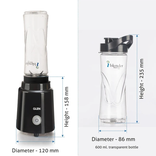 Glen Electric Personal Blender 200W 0.6 Litres BPA free Bottle with carry handle - Black (4047 BL) - Black