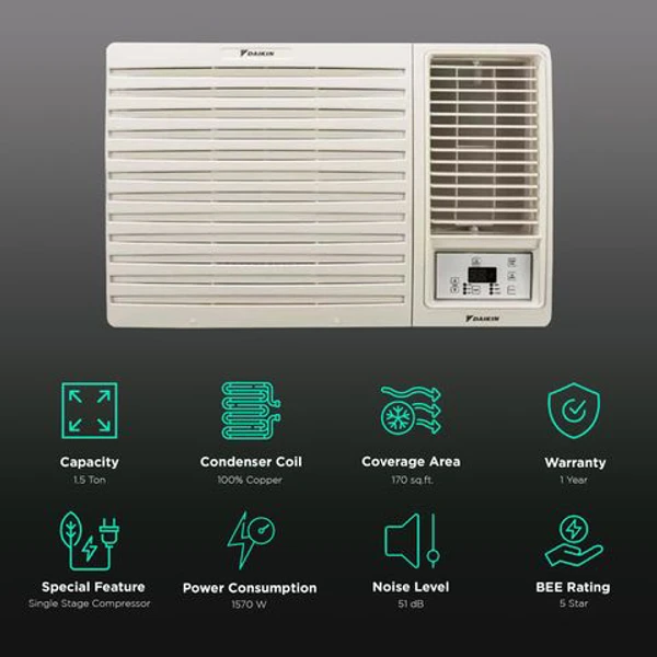 Daikin DAIKIN 1.5 Ton 5 Star Inverter Window AC (2023 Model, Copper Condenser, FRWKF50UV163A) - 1.5 Ton