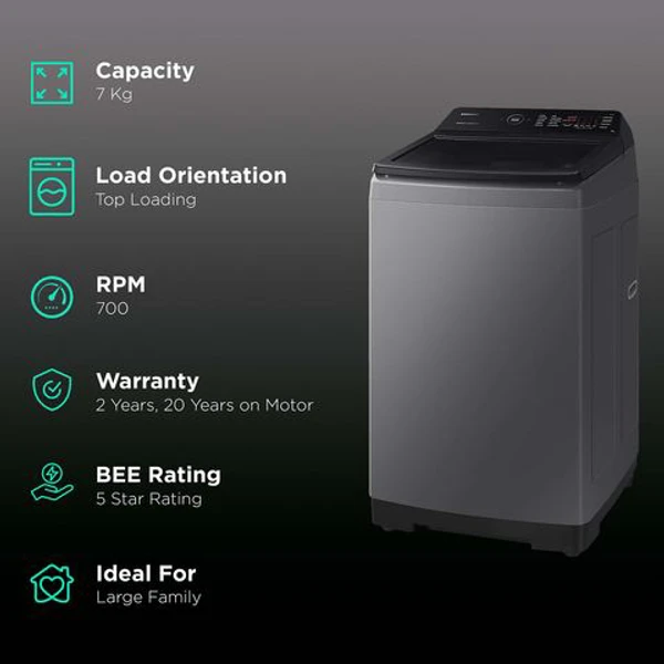 Samsung SAMSUNG 7 kg 5 Star Fully Automatic Top Load Washing Machine (WA70BG4545BDTL, Diamond Drum, Dark Gray) - 7KG