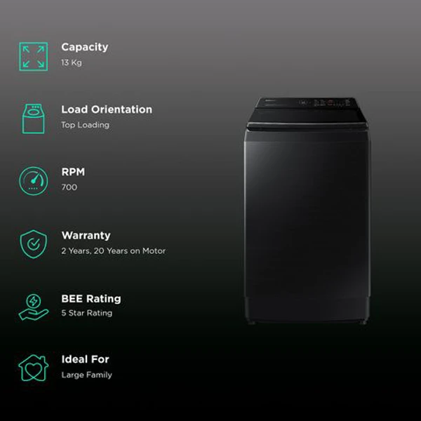 Samsung SAMSUNG 13 kg 5 Star Inverter Fully Automatic Top Load Washing Machine (WA13CG5886BVTL, Diamond Drum, Black Caviar) - 13 KG