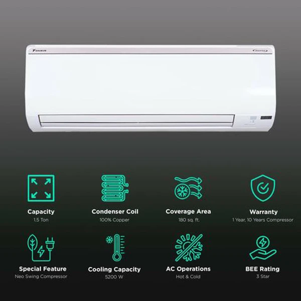 Daikin DAIKIN 1.5 Ton 3 Star Hot & Cold Inverter Split AC (Copper Condenser, PM 2.5 Filter, FTHT50UV)