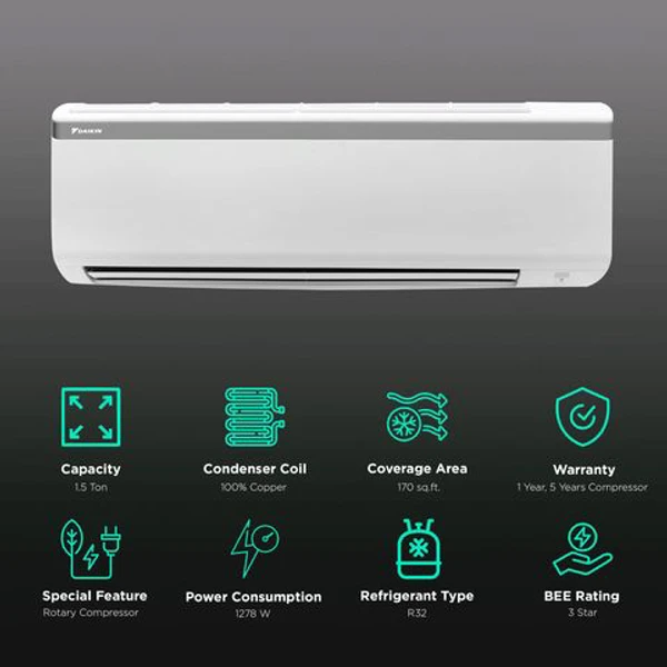 Daikin DAIKIN Standard Series 1.5 Ton 3 Star Split AC (Copper Condenser, PM 2.5 Filter, FTL50UV)