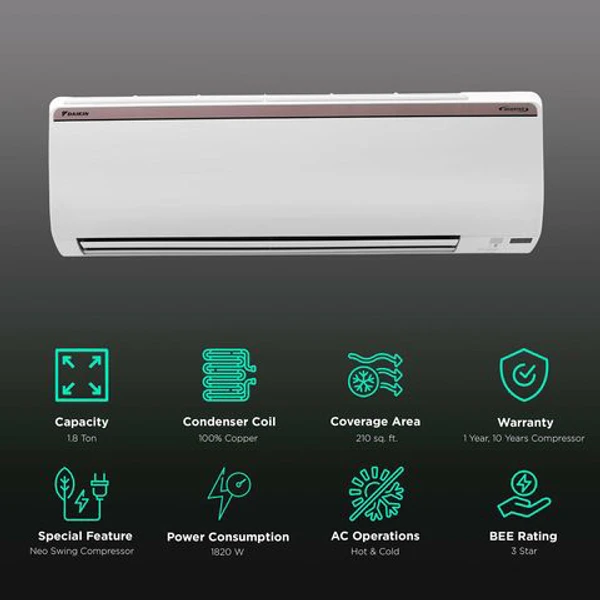 Daikin DAIKIN 1.8 Ton 3 Star Hot & Cold Inverter Split AC ( Copper Condenser, PM 2.5 Filter, FTHT60UV)