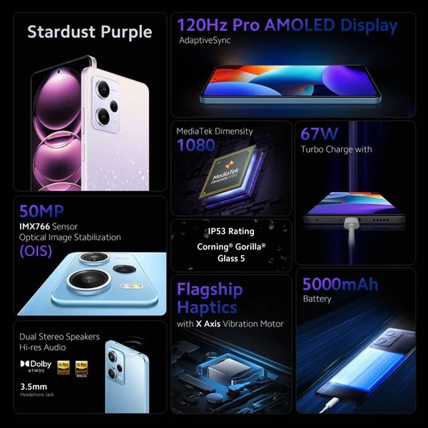 Redmi Note 12 Pro 5G (8GB RAM, 256GB, Stardust Purple)