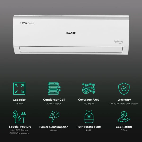 Voltas  VOLTAS 183v Vertis Elite Marvel 5 in 1 Convertible 1.5 Ton 3 Star Inverter Split AC with 4-Way Swing (2023 Model, Copper Condenser 